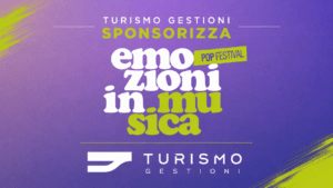 Immagine promozionale creata per comunicare il sostegno di Turismo Gestioni a Emozioni in Musica, valorizzando la partnership con uno degli eventi musicali più importanti di Roseto degli Abruzzi e rafforzando il legame tra azienda, territorio e iniziative culturali.